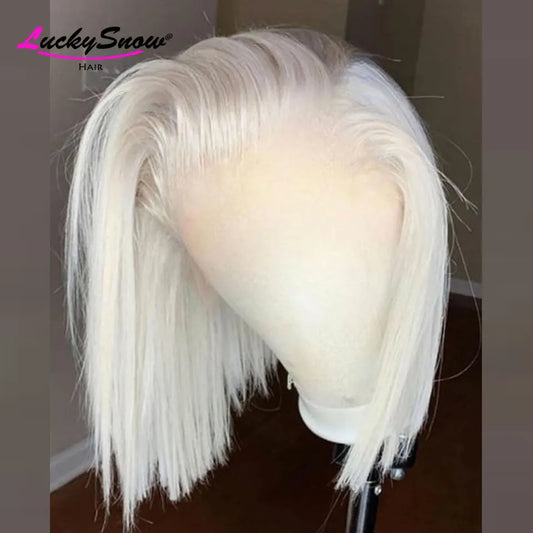 Colored 100% Human Hair Wig White Straight Short Bob 180 Density Transparent 13*4 Frontal Lace Wigs Cosplay For Women HD Wigs